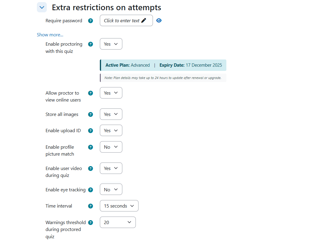 Moodle quiz settings showing ProctorLink AI proctoring toggles for identity verification, video monitoring, and warning thresholds