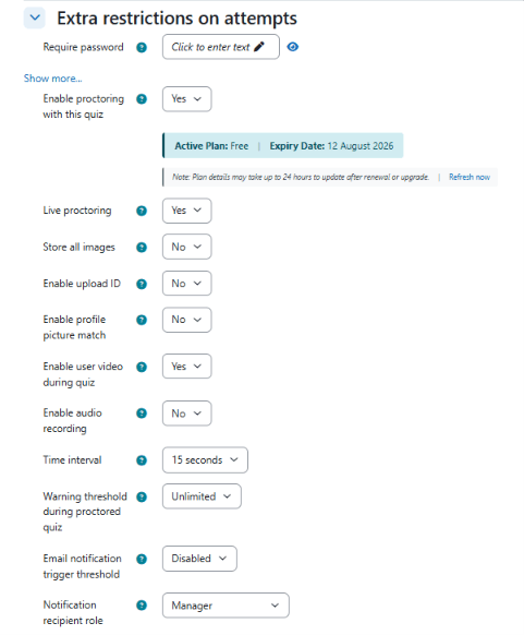 Moodle quiz settings showing timing, attempts, and browser restrictions used to reduce cheating